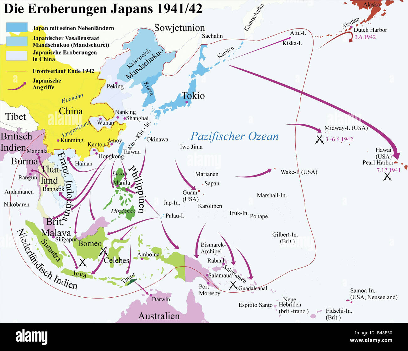 Carthographie, cartes historiques, temps moderne, seconde Guerre mondiale, Asie du Sud-est, conquêtes du Japon, 1941 / 1942, Banque D'Images