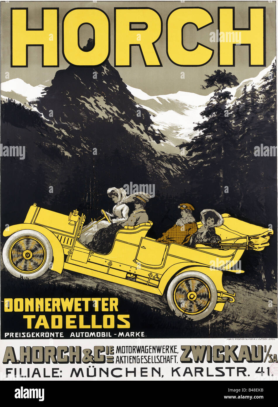 Publicité, voitures, août Horch & Cie., Zwickau, Allemagne, affiche pour la succursale de Munich, 'Donnerwetter Tadellos', vers 1910, , Banque D'Images