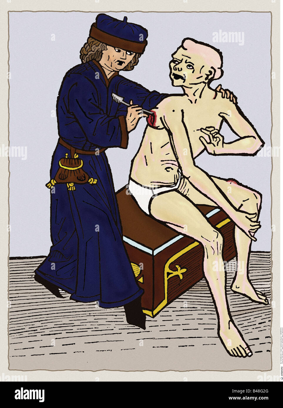 médecine, maladie, peste bubonique, médecin coupant un bubo, coupe de bois, 1482, Banque D'Images