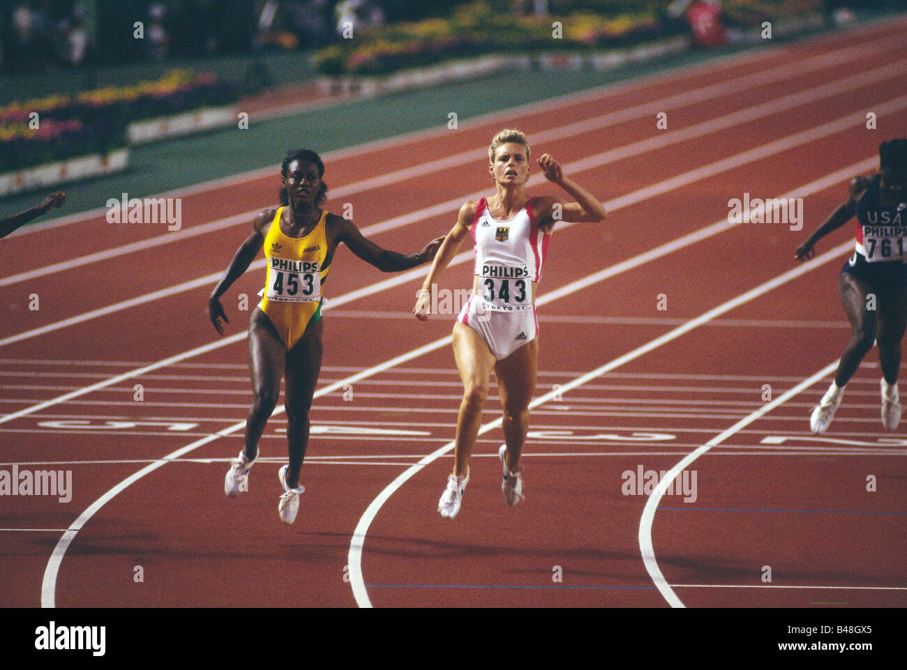 Krabbe, Katrin, * 22.11.1969, athlète allemand (athlétisme), pleine longueur, avec Merlene Ottey, championnat du monde, Tokio, 1991, Banque D'Images