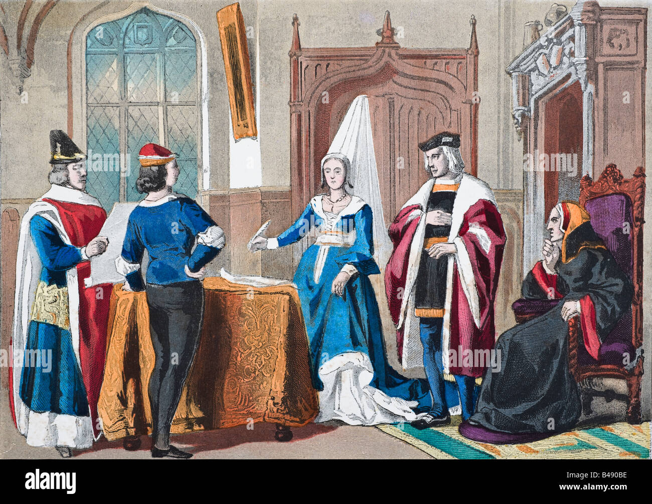 Costumes anglais de la fin du XVe siècle. De gauche juge, gentilhomme, dame de rang, courtier, dame de qualité. Banque D'Images
