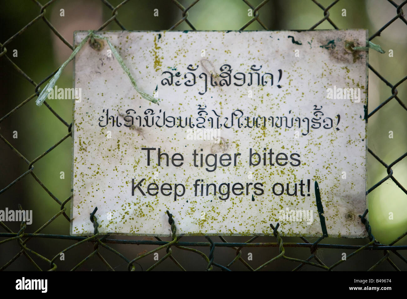 Un signe pour un tigre de mordre sur une clôture au Laos, Thaïlande Banque D'Images