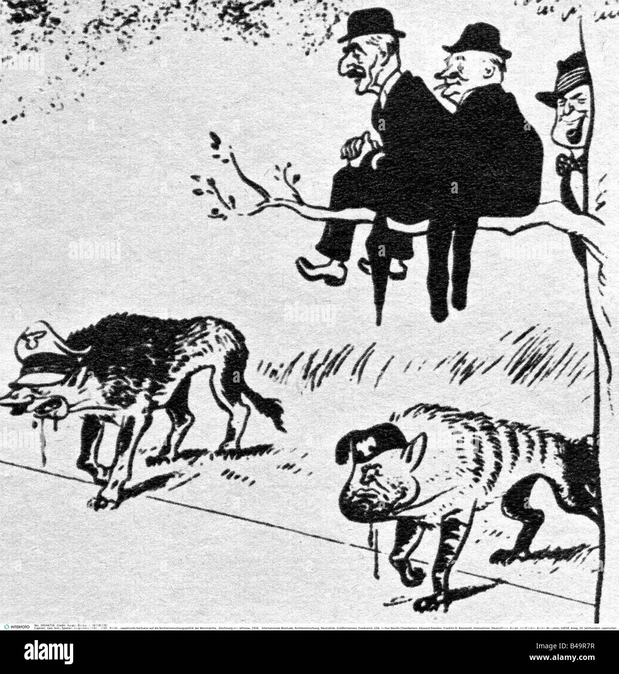 Géographie / voyages, Espagne, guerre civile espagnole 1936 - 1939, politique, caricature de Sowjet sur la neutralité des Puissances occidentales, dessin de Jefimov, 1938, Blocus international, Grande-Bretagne, France, États-Unis, Arthur Neville Chamberlain, Eduoard Daladier, Franklin D. Roosevelt, intervention, Allemagne, Italie, Adolf Hitler, Benito Mussolini URSS, XXe siècle, historique, espagnol assis, perchaude, branche, prédateurs, années 1930, les gens, Banque D'Images