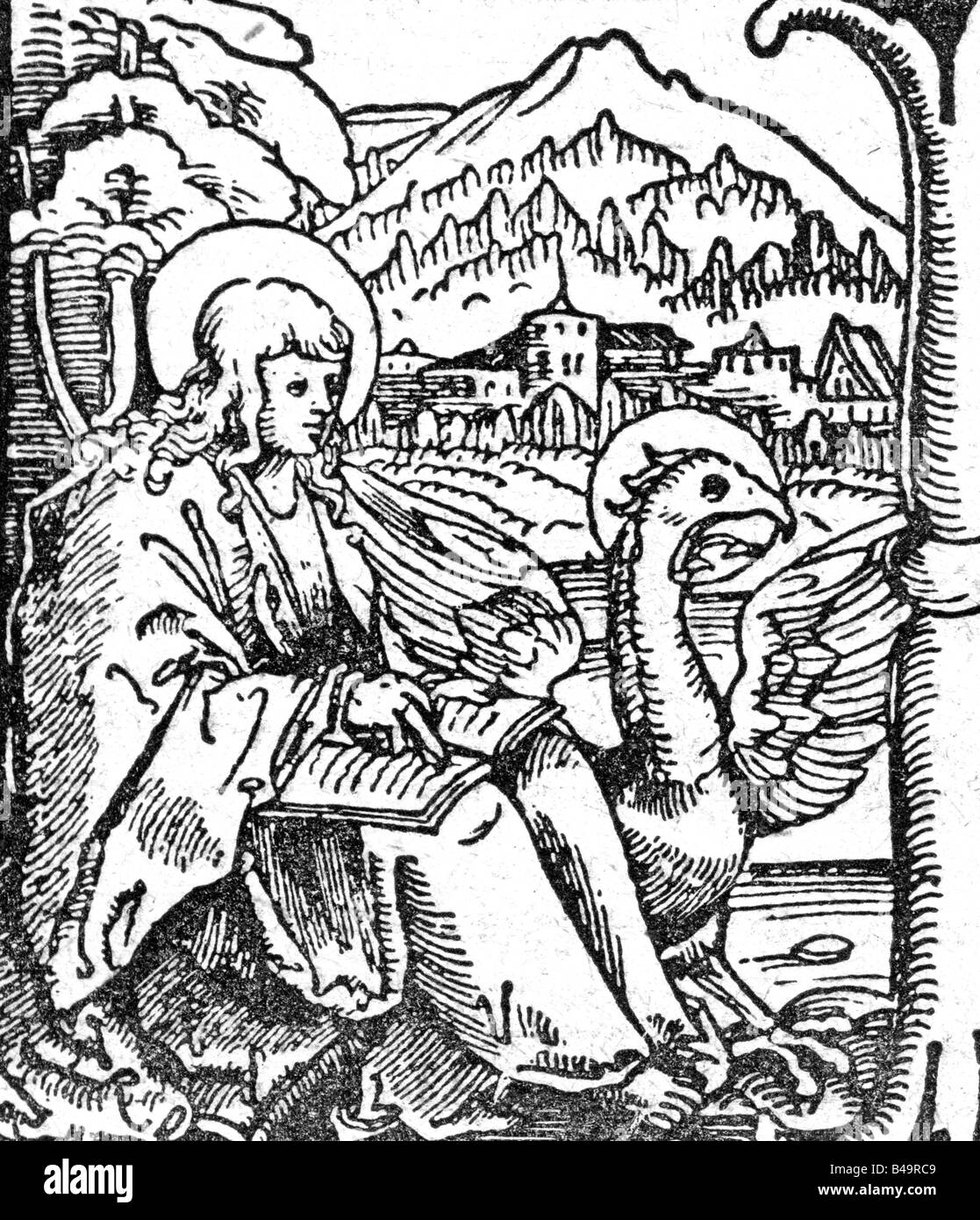 Luther, Martin, 10.11.1483 - 18.2.1546, réformateur allemand, œuvres, Nouveau Testament en allemand, Wittenberg 1521, initiale à l'Évangile de Jean, menuiserie, religion, bible, réforme, protestantisme, XVIe siècle, , Banque D'Images