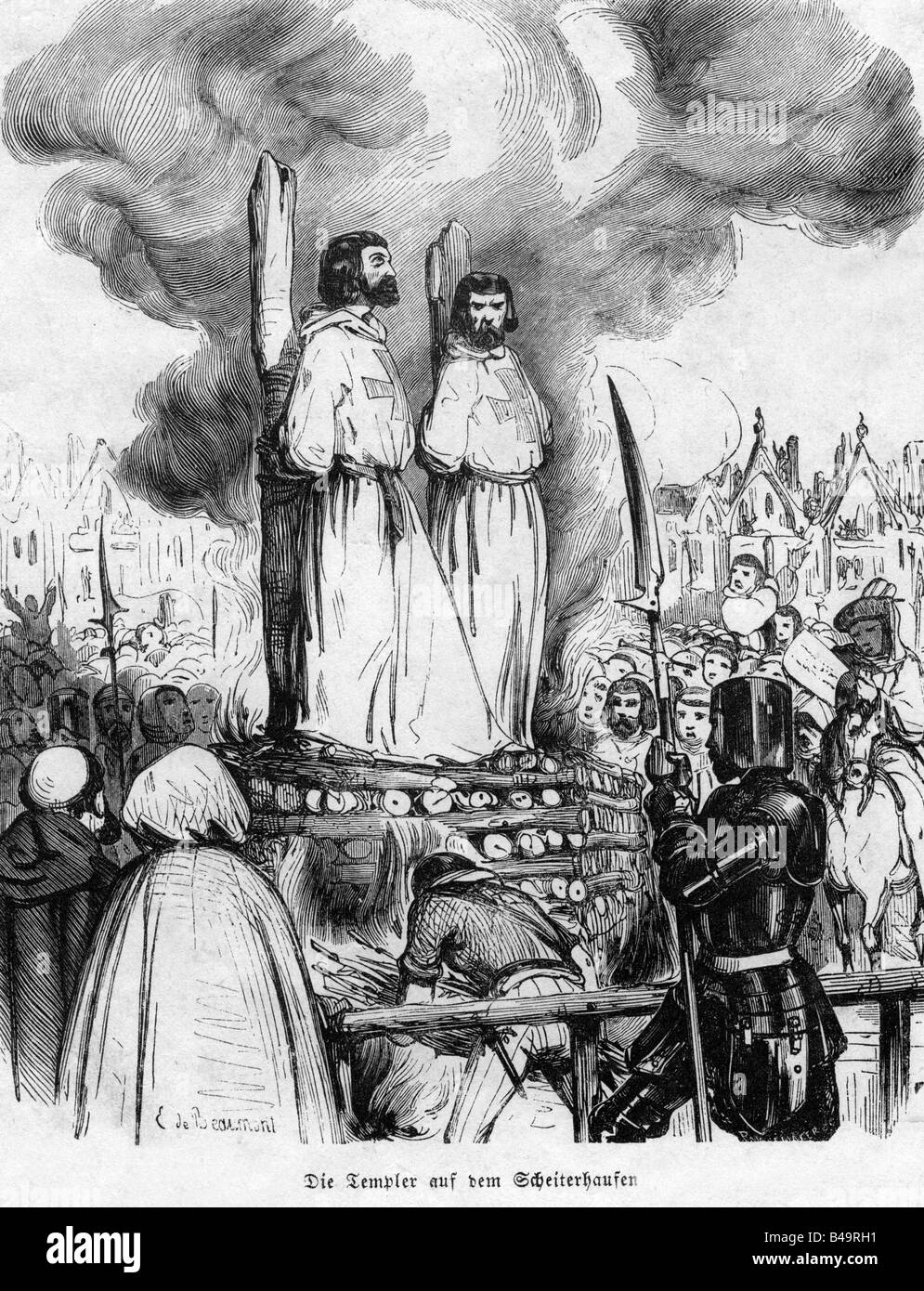 Âges moyens, chevaliers, ordres militaires, Templiers Knightd (Pauperes commilitones Christi templique salomonis), rupture, Grand Maître Jacques de Molay & chevalier Geoffrey de Charnay en jeu, Paris 19.3.1314, gravure, 19ème siècle, "Fratres militae templae", France, 14ème siècle, exécution, brûlage , Banque D'Images