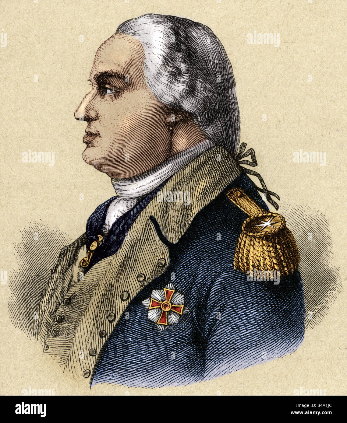 Steuben, Friedrich Wilhelm von, 17.9.1730 - 28.11.1794, américain général de naissance allemande, portrait, vue latérale, gravure, XIXe siècle, plus tard coloré, Banque D'Images