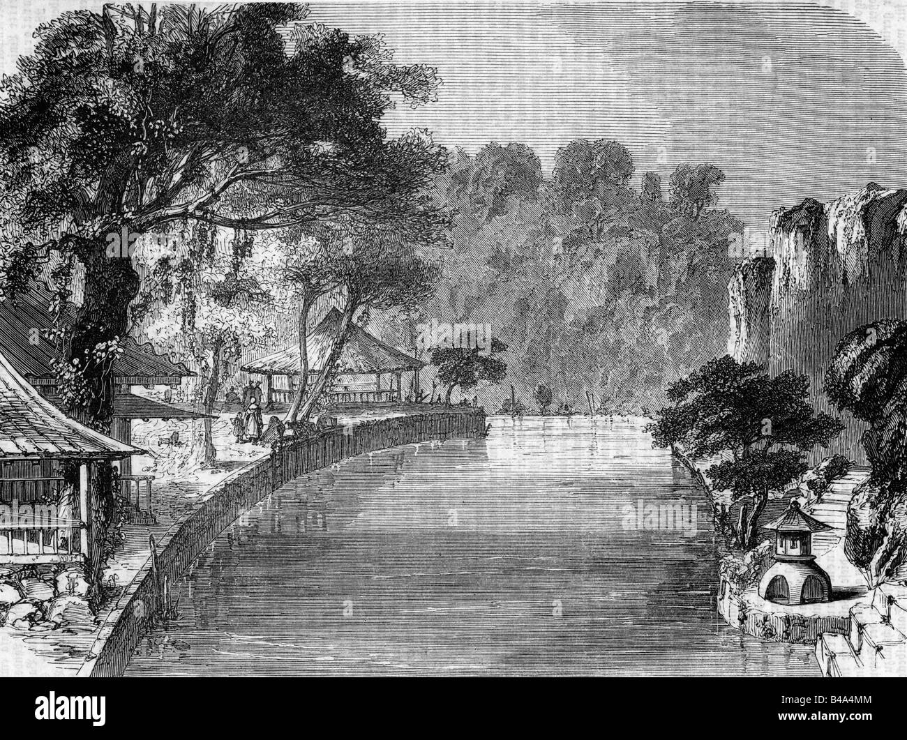 Géographie / voyages, Japon, jardin / parcs, teagarden japonais, gravure, 19ème siècle, historique, historique, Asie, 20ème siècle, étang, parc, gens, Banque D'Images