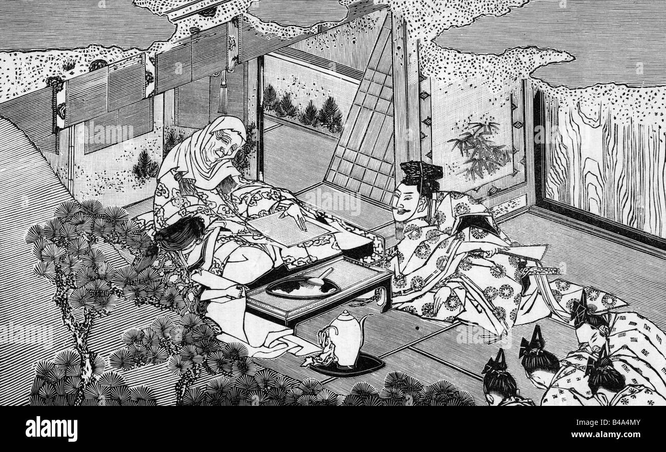 Géographie / voyages, Japon, gens, femmes, staatesman japonais et sa mère, demi-longueur, bois coupé par Hokusai, XXe siècle, historique, historique, Asie, XXe siècle, vêtements traditionnels, Banque D'Images