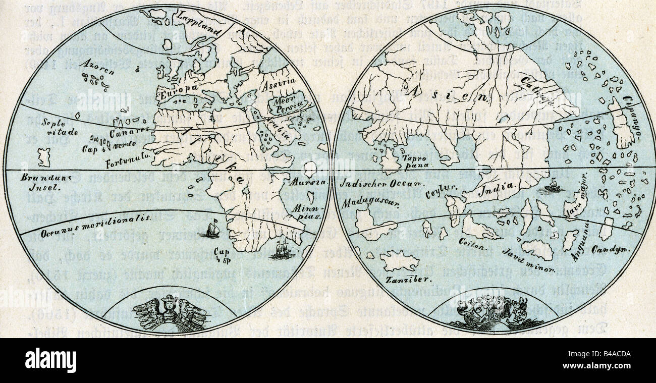 Cartoraphy, cartes du monde, carte après globe par Martin Behaim, 1492, Banque D'Images