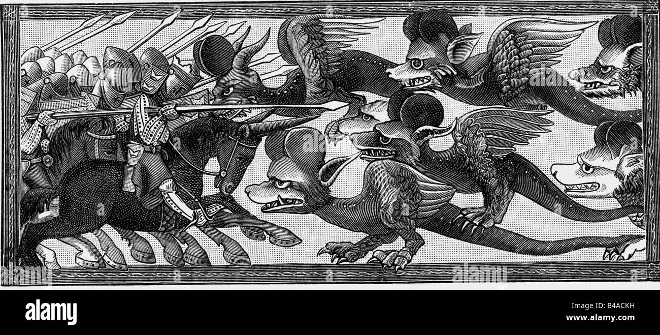 Superstition, créatures mythiques, dragons, dragons, dragons de combat Alexandre 'le Grand', bois, gravure en cuivre après miniature, 'Alexander Romance', 13ème siècle, , Banque D'Images