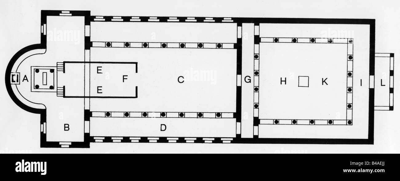 Architecture, plans d'étage, plan d'une basilique chrétienne, 4ème/5ème siècle, dessin, A: Abside with évêques trône, B: Crossimng, C: Nef central, D: Allée latérale, E: Autel et choeur, F:chœur Screen, G: Narthex, H: Court, J: Arcade, K: Fontaine, L: Vestibule, église catholique, religion, christianisme, monde ancien, antiquité, Empire romain, Italie, roman, historique, ancien monde, Banque D'Images