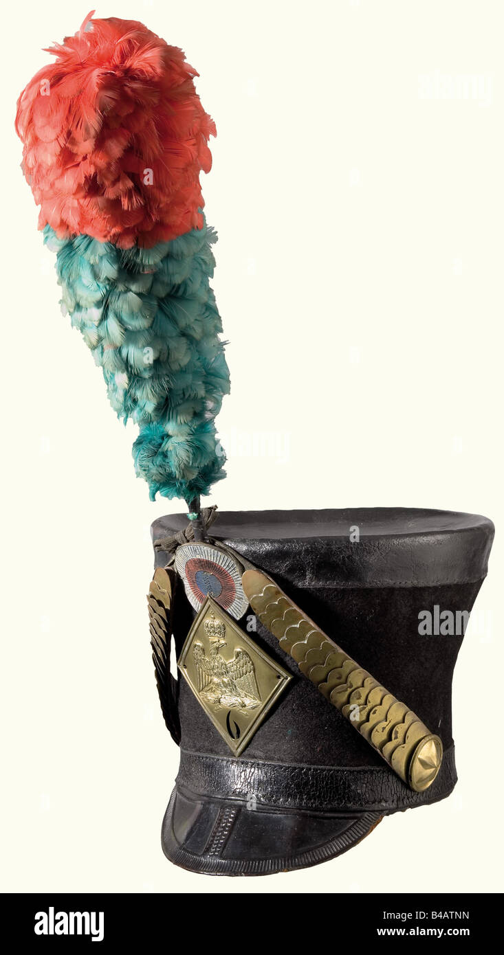 Un shako pour le personnel inscrit du 6ème Régiment Hussar, corps de feutre noir élevé, règlement pour 1810 . Haut noir, bande réglable et pointe en cuir à outils. Balances en laiton sur rosettes estampées en étoile. En forme de losange, plaque estampée, régulation pour 1806. Cocarde cuir et panache de plumes rouge-vert. Bandeau en cuir et doublure en lin. Le cuir de bande et la bande de sueur sont quelque peu fissurés avec des marques d'usure. Le panache a été généreusement réparé à sa fin historique, historique, XIXe siècle, France, Imperial, Empire français, objet, objets, photos, clippin, Banque D'Images