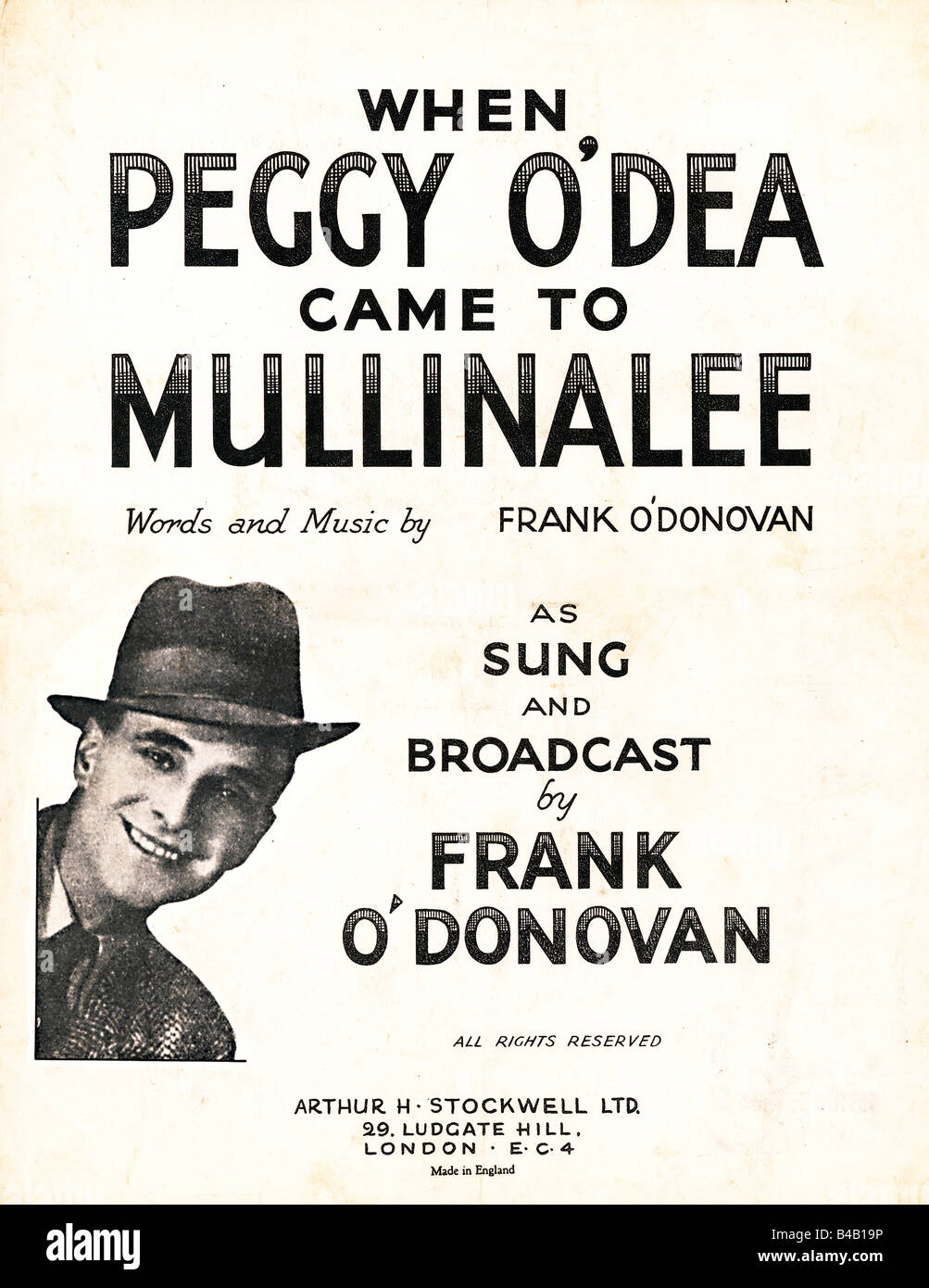 Lorsque Peggy O'Dea est venu à Mullinalee 1940 feuille de musique pour couvrir la chanson irlandaise écrite et interprétée par Frank O'Donovan Banque D'Images
