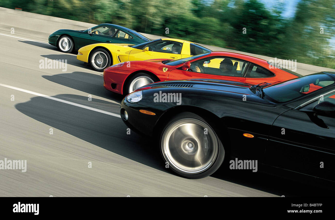 Voiture, photo de groupe, roadster, coupé, Jaguar XKR, modèle année 2000-, noir, Ferrari 360 Modena F1, année de construction 1999-, rouge Banque D'Images