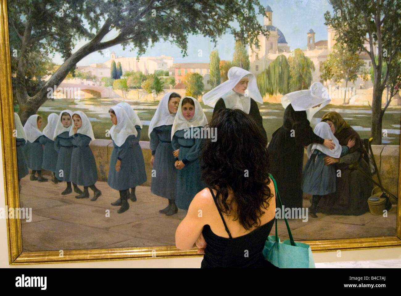 Femme à la peinture à l'huile représentant religieux à des religieuses à côté de l'ancien fleuve Turia au Musée des beaux-arts de Valence Espagne Banque D'Images