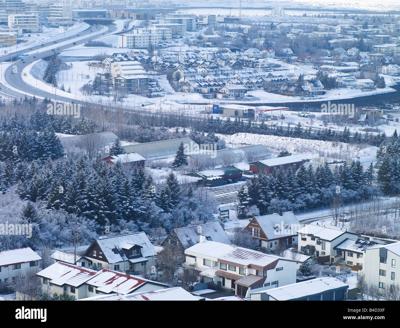 La neige a couvert Kopavogur banlieue de Reykjavik, Islande Banque D'Images