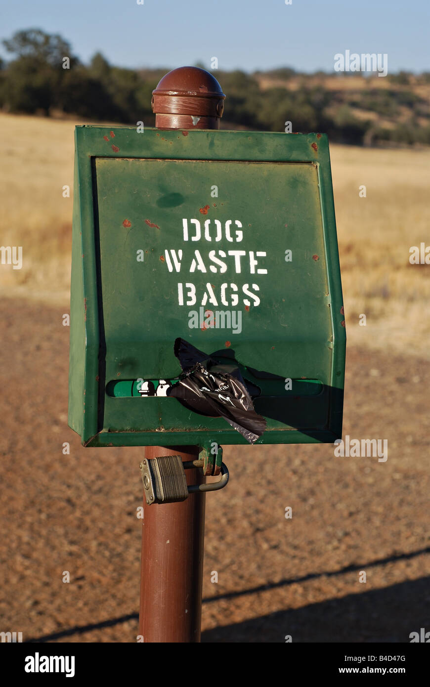 Récipient en métal pour chien sacs de déchets à un début de sentier Banque D'Images