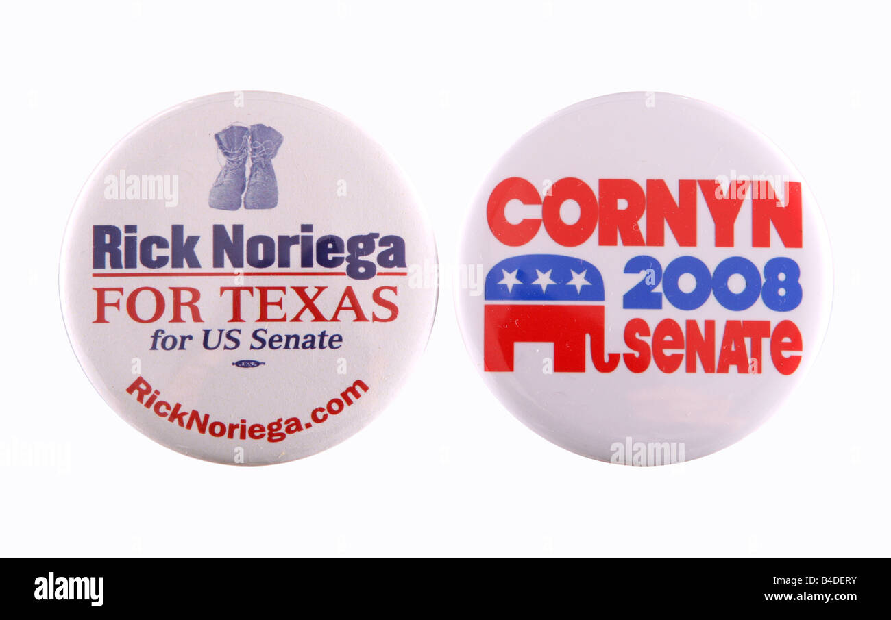Portrait de campagne politique boutons pour John Cornyn et Rick Noriega utilisés au cours de leurs campagnes en 2008 Banque D'Images