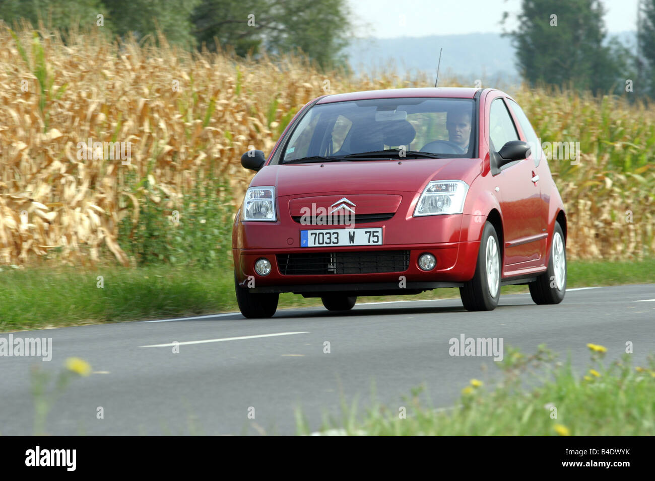 Voiture, Citroen C2, Miniapprox.s, Limousine, l'année de modèle 2003-, la conduite, la diagonale de l'avant, vue frontale, country road Banque D'Images