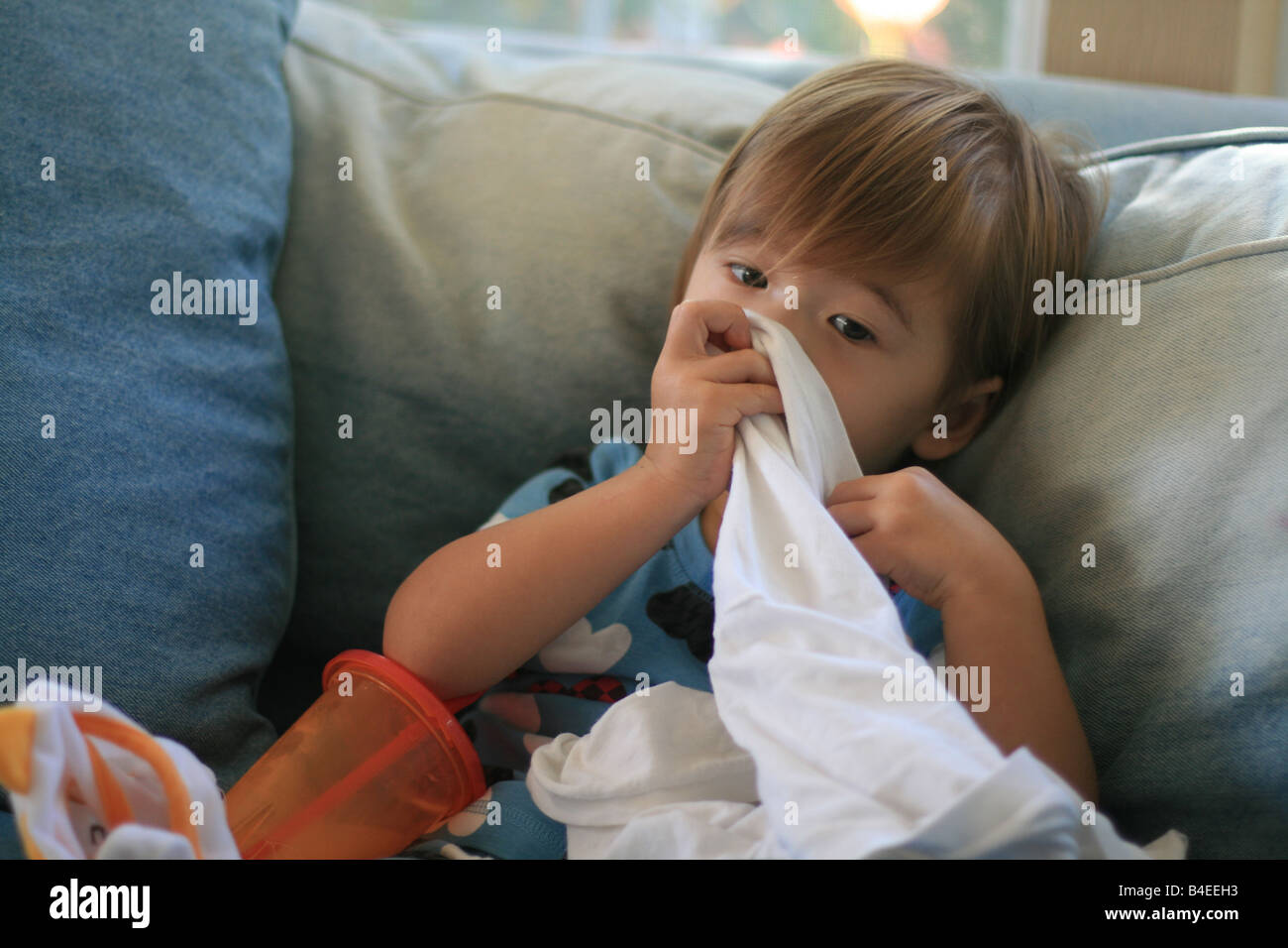 A 23 Mois Bebe Fille Suce Son Pouce En Tenant Un Tshirt Blanc Qu Elle Utilise Comme Couverture De Securite Photo Stock Alamy