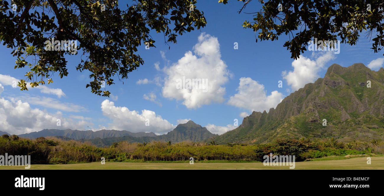 Vue panoramique sur la montagne de Kualoa de Kualoa Park sur le côté de winward O'ahu Hawaii Banque D'Images