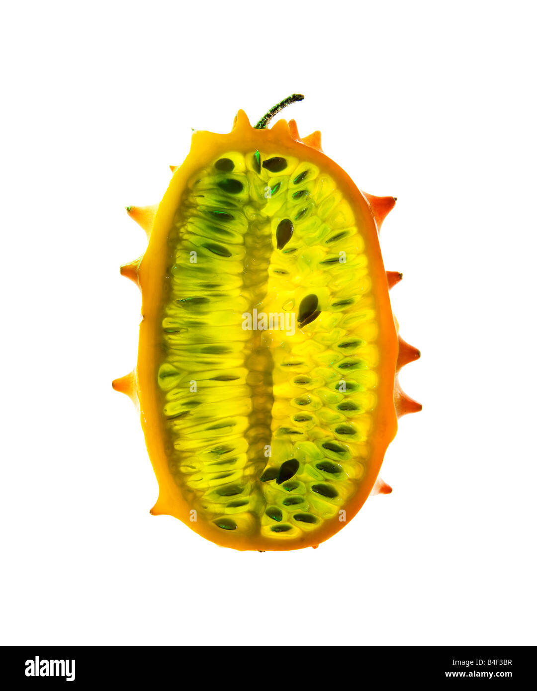 KIWANO frais melon à cornes pointes spike tranche tranches de semences transparence transparent light studio cut Banque D'Images