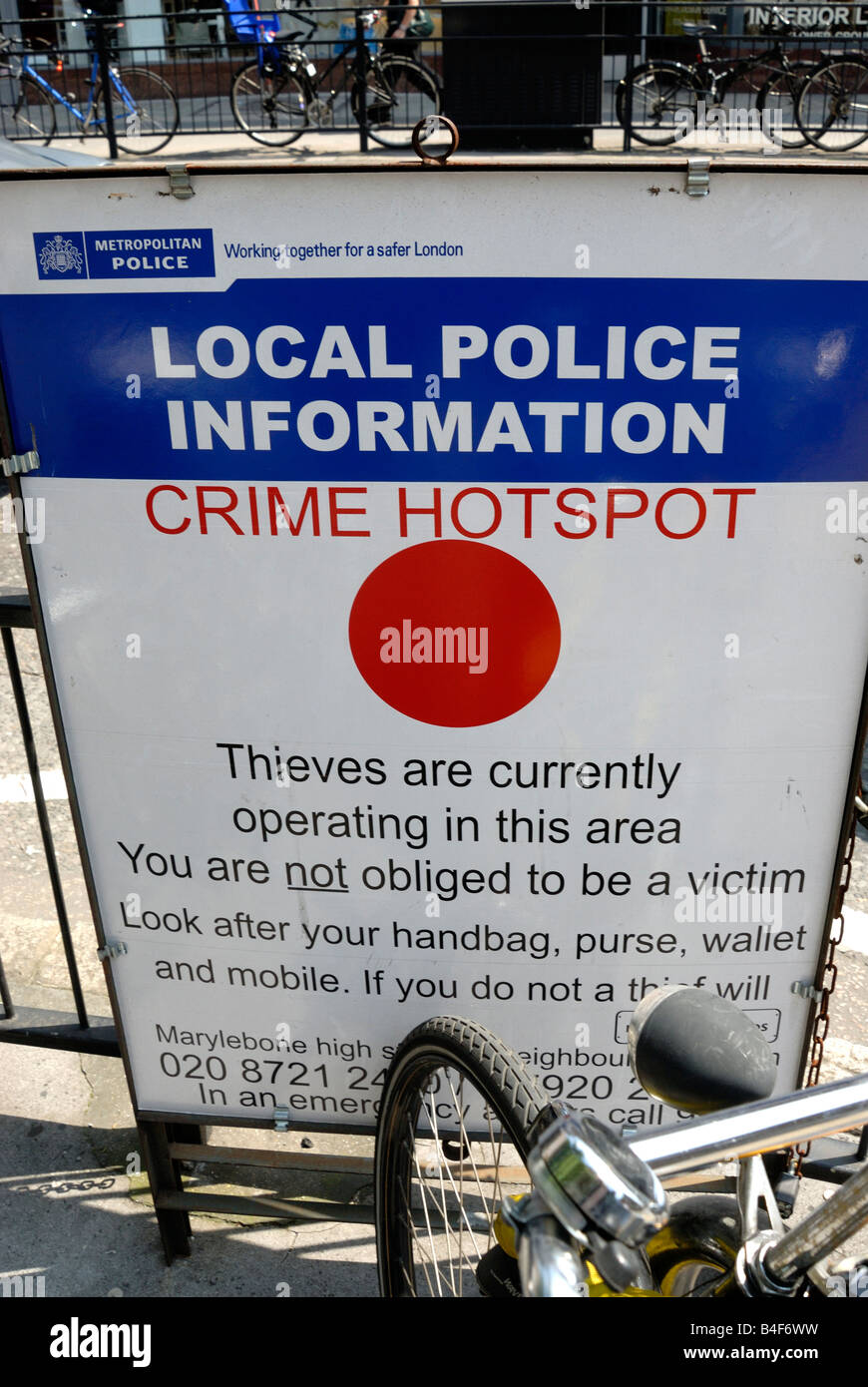 Panneau d'information de police hotspot Crime Marylebone High Street Banque D'Images