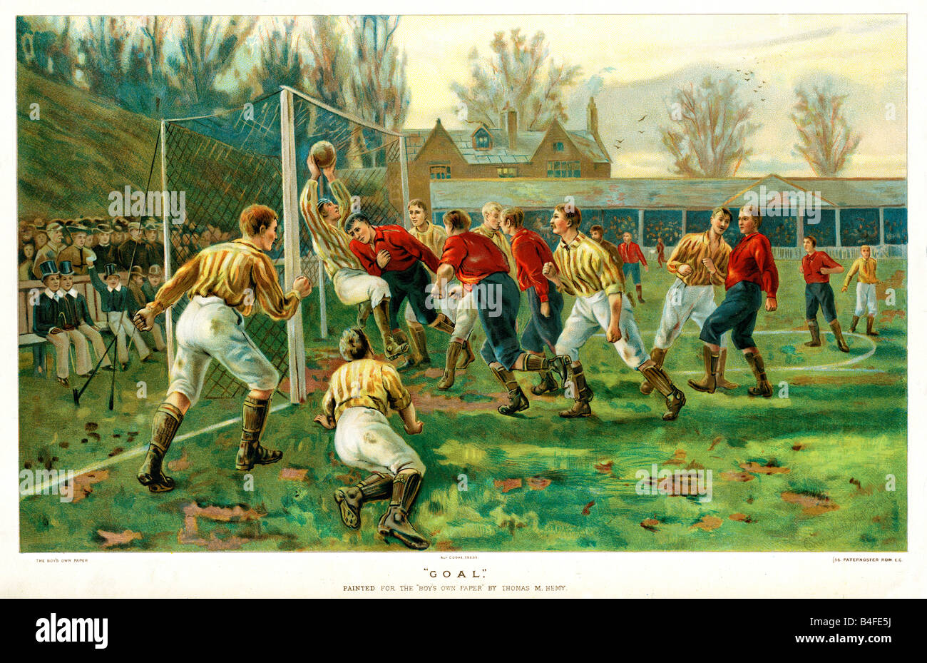 Objectif 1882 imprimer par Thomas Hemy de goalscoring victorienne dans un match de football avec une foule de collégiens d'encourager le jeu Banque D'Images
