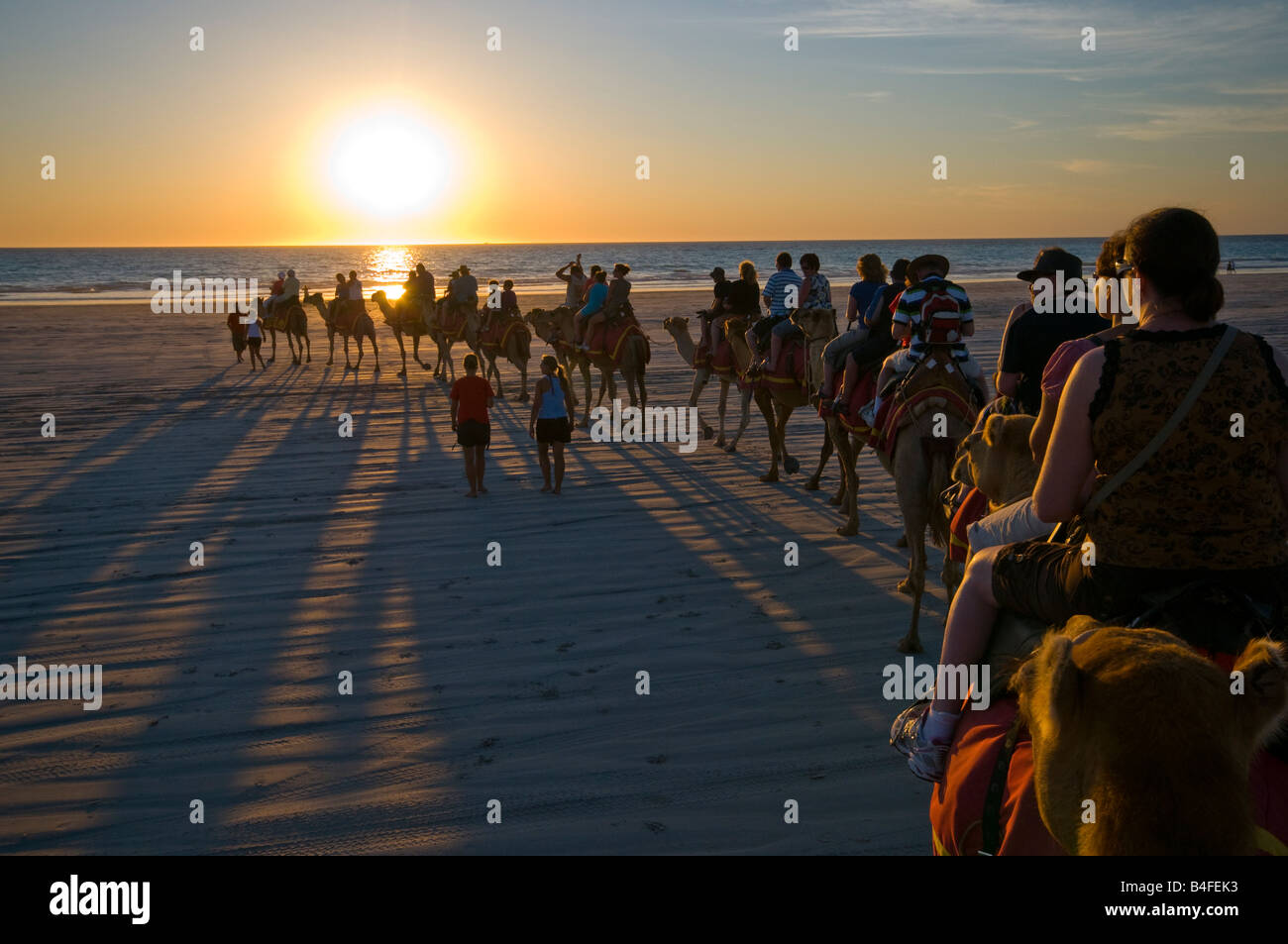 L'équitation de chameau au coucher du soleil sur la plage Cable Broome Australie Occidentale Banque D'Images