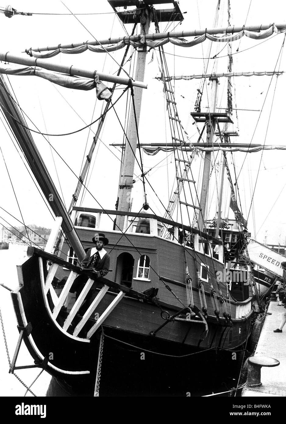 Fred Penaluna skipper de la réplique de la mer sur un navire frère de Véronique à bord du Mayflower à Plymouth Mai 1970 Banque D'Images