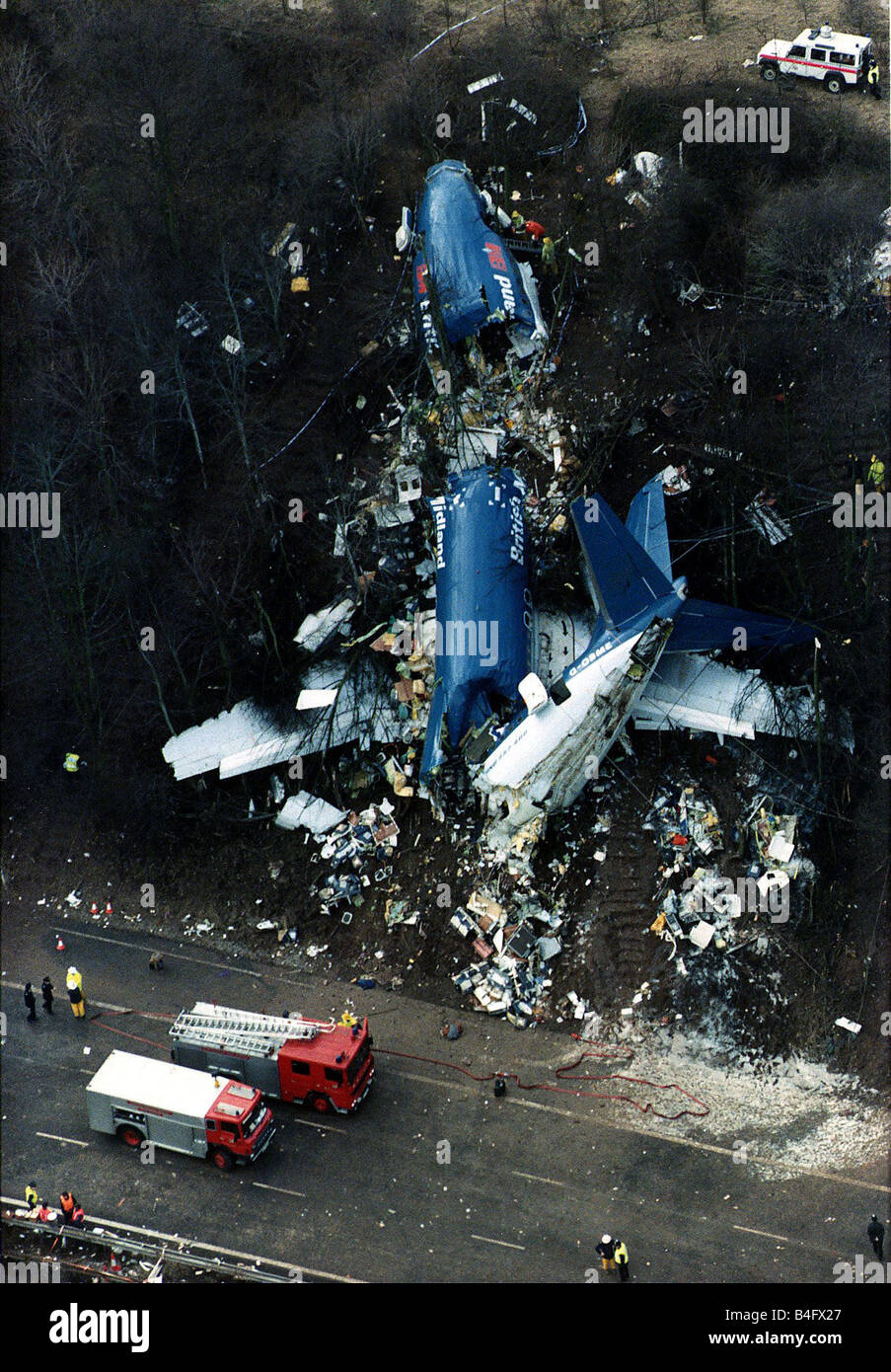 Accidents aériens British Midland M1 Leicester d'autoroute accident de débris du Boeing 737 sur le quai en 1989 Banque D'Images