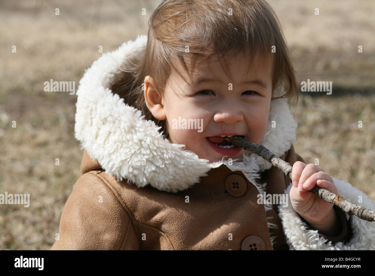 A 15 mois bébé mâchonne un bâton alors qu'il était assis à l'extérieur dans un parc sur une froide journée d'hiver. Banque D'Images