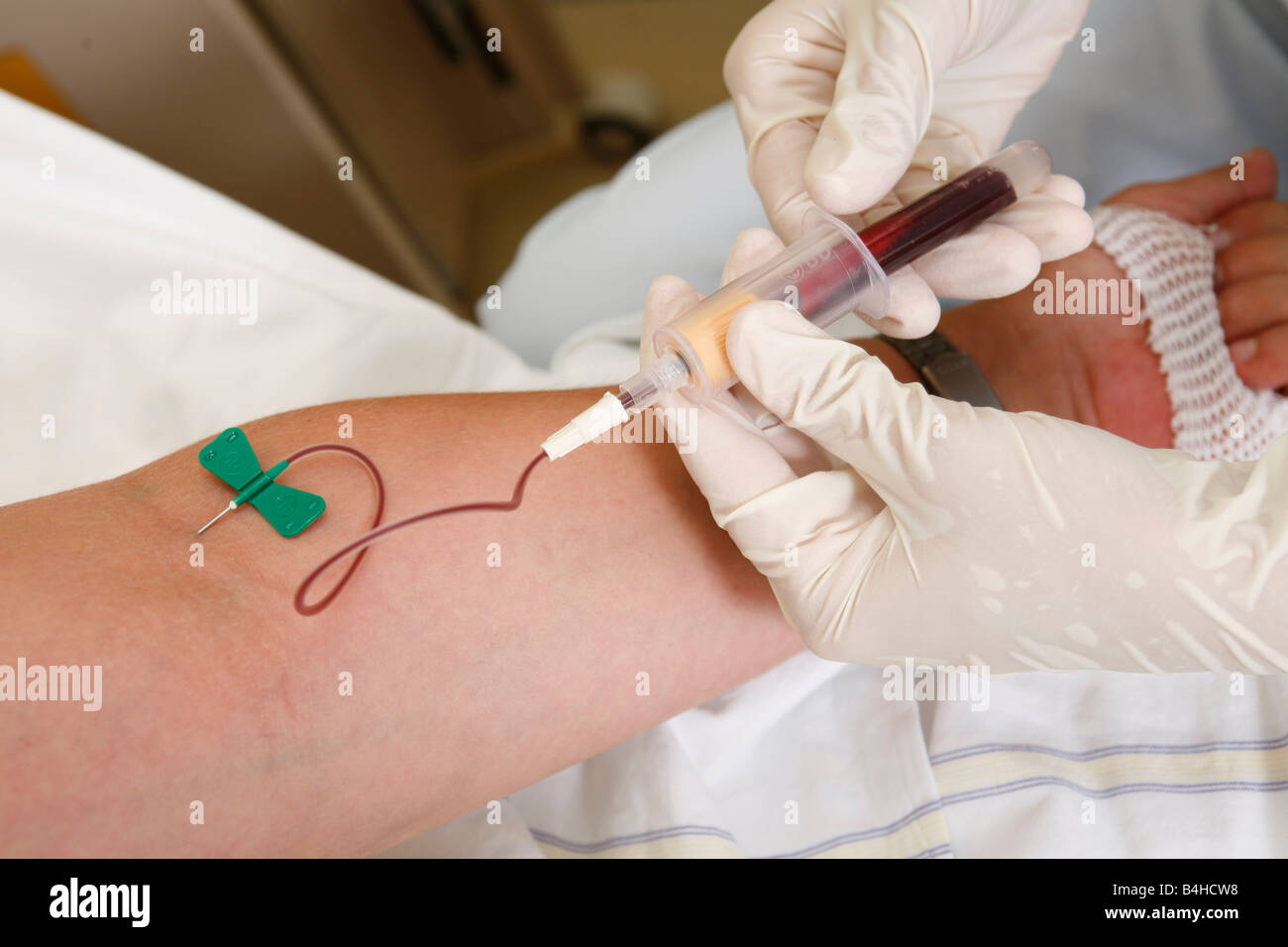 Close-up of mains prendre échantillon de sang de bras du patient Banque D'Images