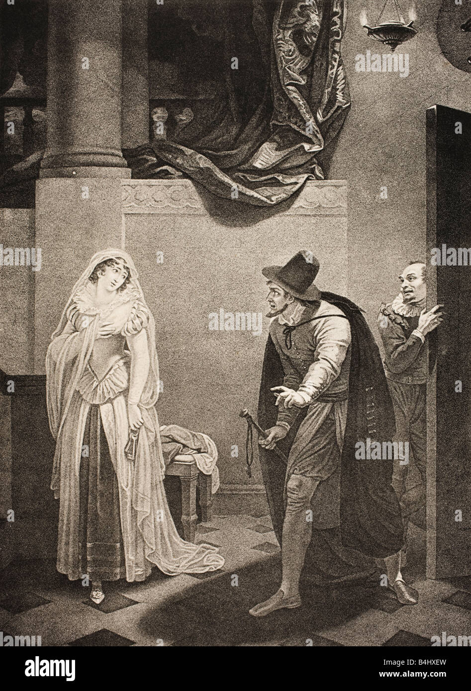 Le marchand de Venise, Act II, scène V. avant la maison de Shylock. Shylock, Jessica et Launcelot. Banque D'Images