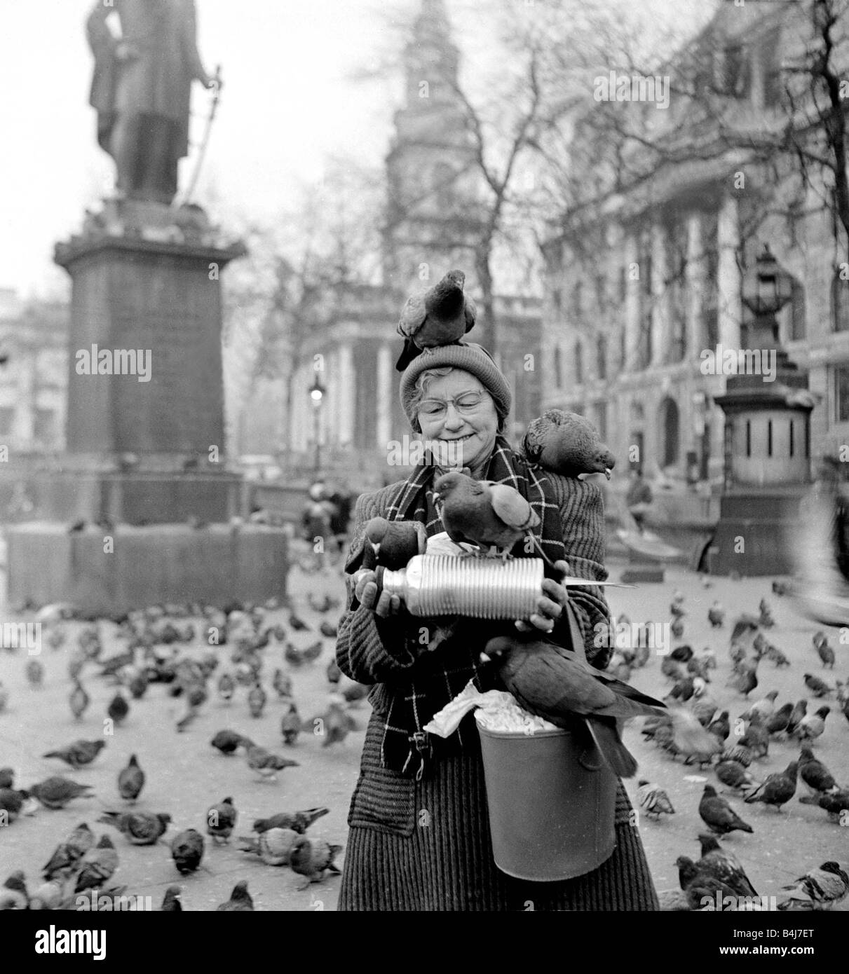 Des bouteilles d'eau chaude pour les pigeons à Trafalgar Square pour les garder au chaud pendant une vague de froid Février 1956 1950 Banque D'Images