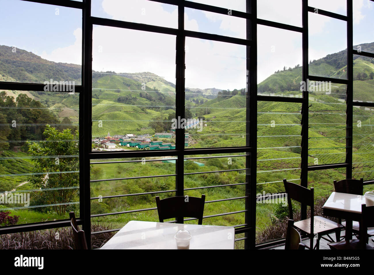 Restaurant avec vue superbe sur une plantation de thé en Cameron Highlands Malaisie Banque D'Images