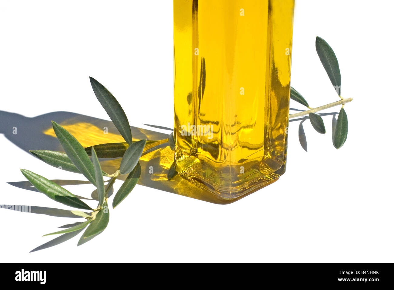 L'huile d'olive et de feuilles sur fond blanc Banque D'Images