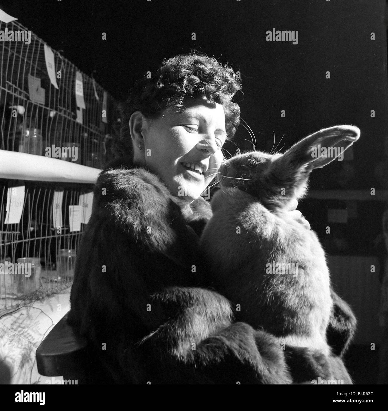 Edna Début porte un manteau de fourrure bleu beveran et est titulaire d'un lapin bleu prix Bevaran Décembre 1957 Banque D'Images