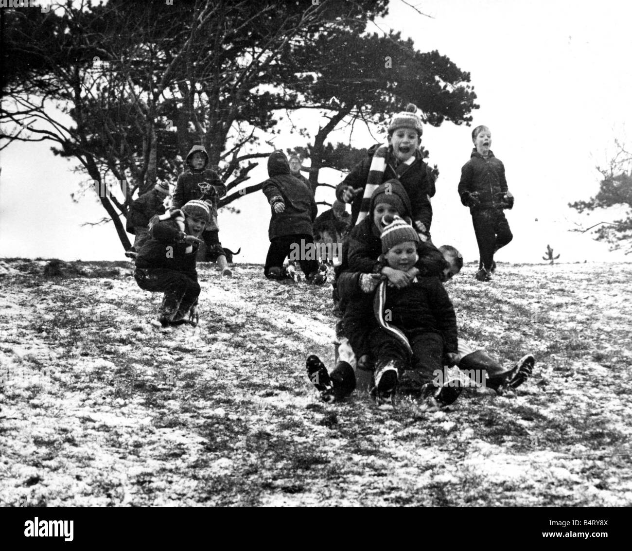 Les enfants de la région de Fairwater Cardiff profitez au maximum de la neige d'aujourd'hui d'aller de la Luge Luge sur la pente à Fairwater p Banque D'Images