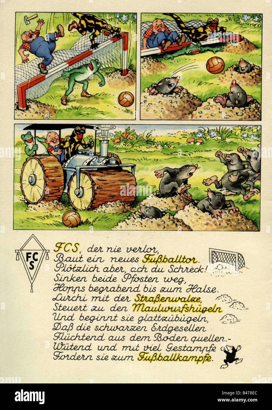 Publicité, mode, salamandre, livret, 'Lurchis Abenguer - Das lustige Salamagerbuch' ('Lurchis aventures'), partie 11, 1955, Lurchi dissipant la mole du terrain de football, , Banque D'Images