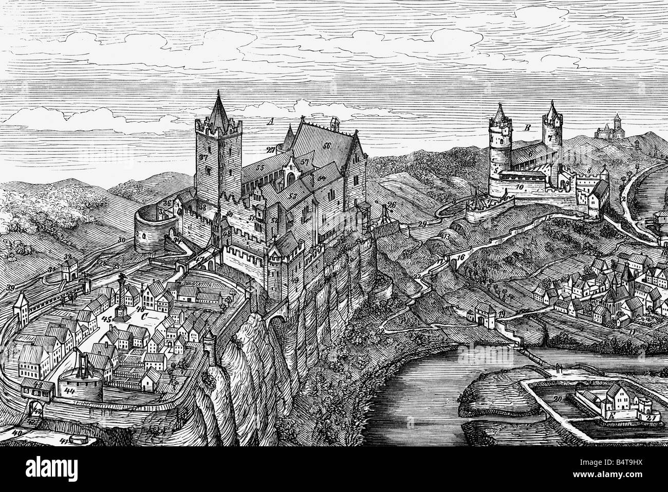 Architecture, châteaux, Allemagne, Saxe-Anhalt, Rudelsburg, reconstruit 1871 - 1872 après les plans d'Oskar Mothes, Saaleck sur la droite, gravure en bois, vers 1875, Banque D'Images