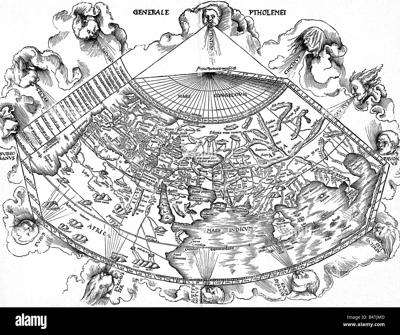 Cartographie, cartes du monde, coupe du bois, Geographike Hyphegesis de Claudius Ptolemy, vers 150, réimpression, Strassbourg, 1516, , Banque D'Images