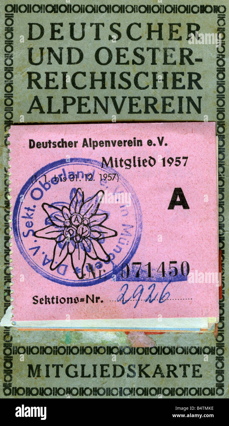 Alpinisme, clubs, Club alpin allemand et autrichien, section 'Oberland', carte des membres, 1957, Banque D'Images