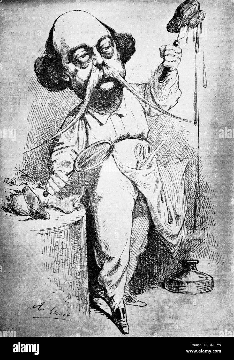 Flaubert, Gustave, 12.12.1821 - 8.5.1880, auteur/écrivain français, pleine longueur, caricature 'Flaubert dissecting Emma Bovary', par Lemot, 1869, Banque D'Images