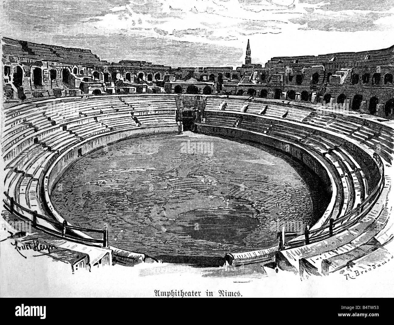 Géographie / voyages, France, Nîmes, amphithéâtre, vue inerior, gravure en bois, XIXe siècle, Languedoc, antiquité, monde antique, arène, ruine, Europe, historique, ancien monde, Banque D'Images