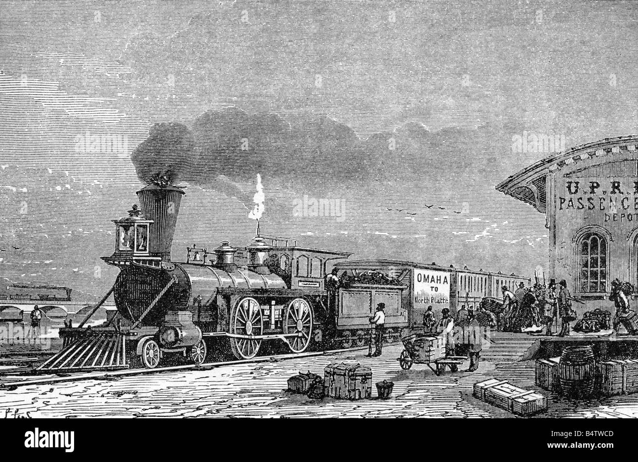 Transport / transport, chemin de fer, États-Unis, chemin de fer Transcontinental, gare d'Omaha, Nebraska, gravure en bois par P. Peras, 1887, Banque D'Images