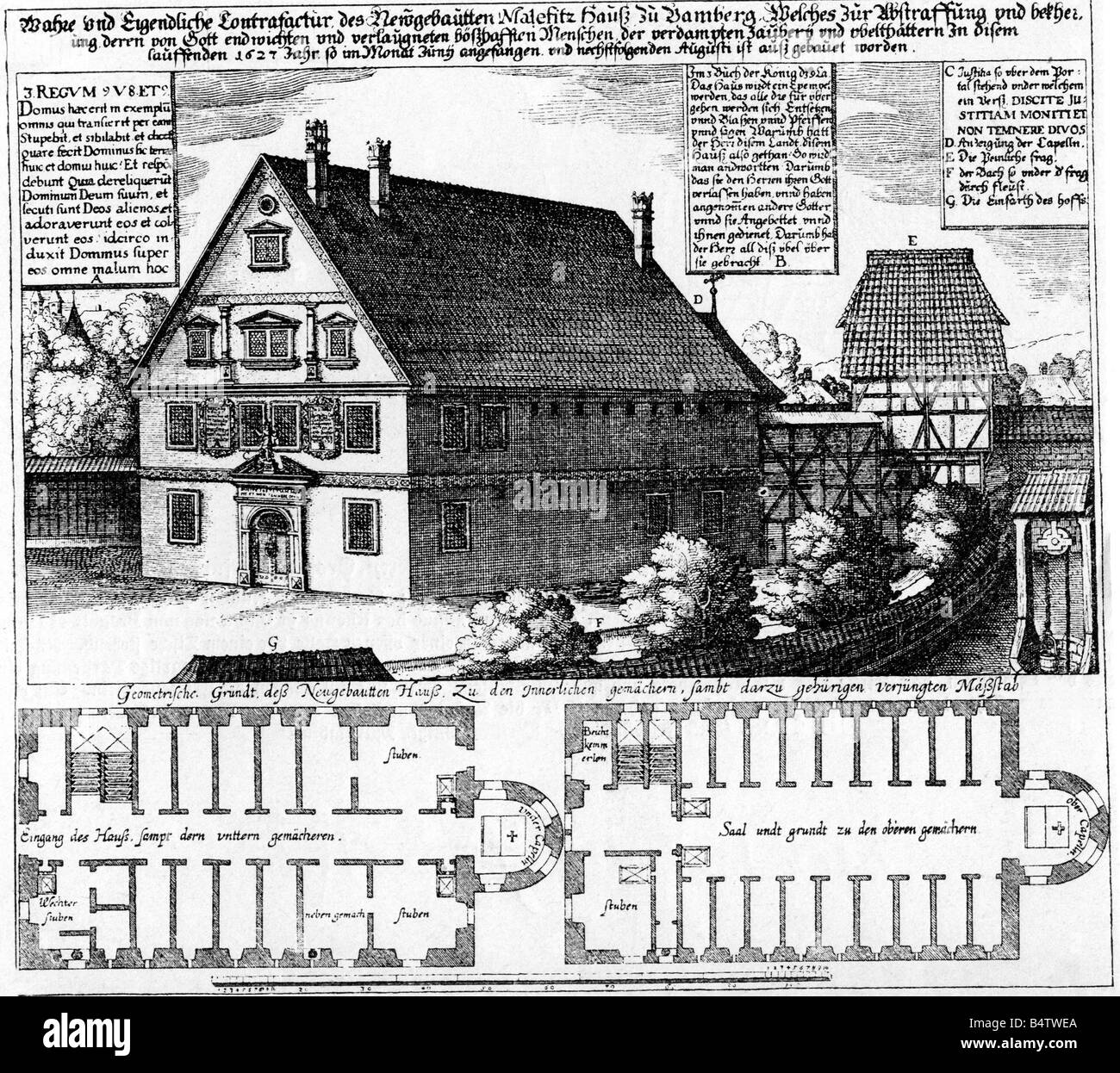 Géographie / voyages, Allemagne, Bamberg, Malefiz House, construit en 1627 par le prince évêque Johann Georg II Fuchs von Dornheim, vue extérieure et plan du sol, gravure en cuivre, XVIIe siècle, prison, chasse aux sorcières, sorcières, chasse, sorcière, chambre de tuture, architecture, bâtiment, baroque, Franconie, diocèse, Église catholique, historique, patrimoine culturel mondial de l'UNESCO, site, Banque D'Images