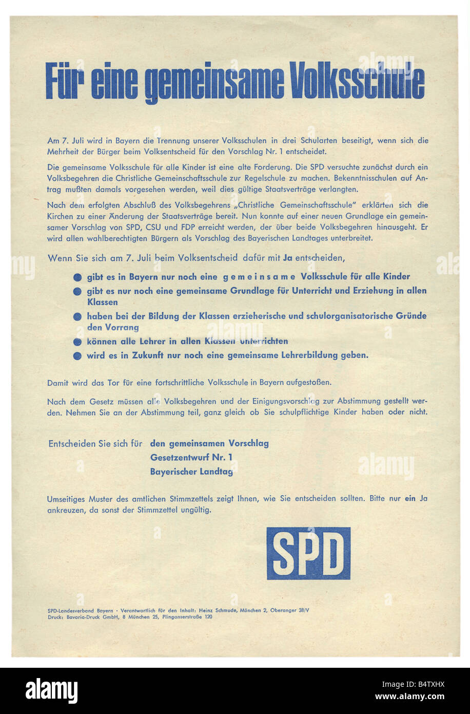 Géographie / voyages, Allemagne, politique, système scolaire, flyer, appel à la participation au plébiscite dans les écoles élémentaires, publié par, Parti social-démocrate (SPD) Bavière, Europe, 1968, , Banque D'Images