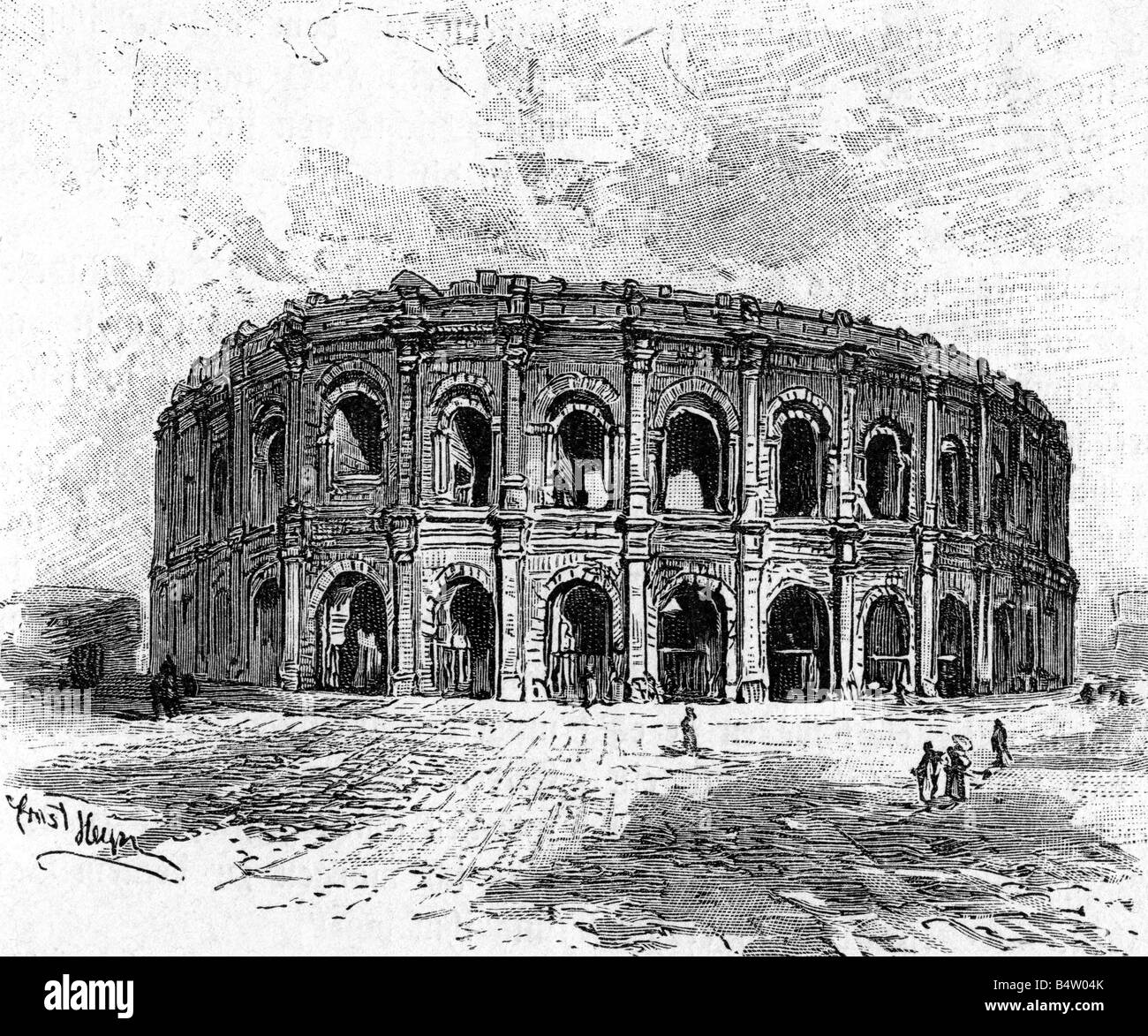 Géographie / voyages, France, Nîmes, amphithéâtre, vue extérieure, gravure en bois, XIXe siècle, Languedoc, antiquité, monde ancien, ruine, historique, Europe, monde ancien, peuple, Banque D'Images