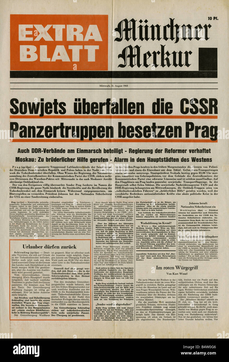 Presse/médias, magazines, 'Münchner Merkur', Munich, édition spéciale, mercredi 21.1.1968, titre, invasion soviétique dans les troupes du CSSR occupant Prague, , Banque D'Images